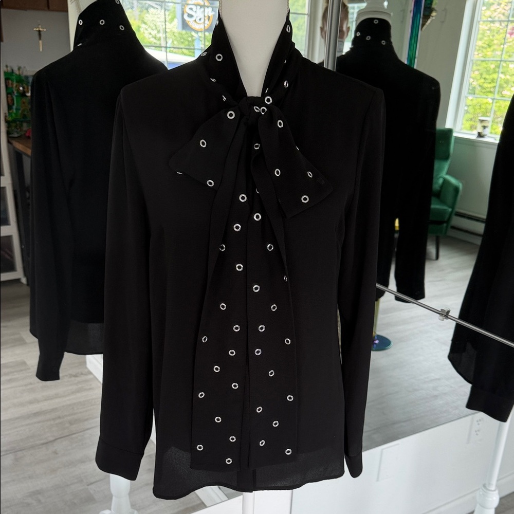 MICHAEL Michael Kors Black Eyelet-Trim Bow Blouse